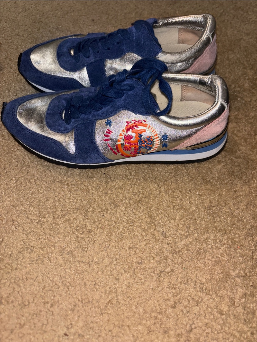 Tory Burch Brielle Navy, Silver & Pink Embroidered Sneakers 5.5